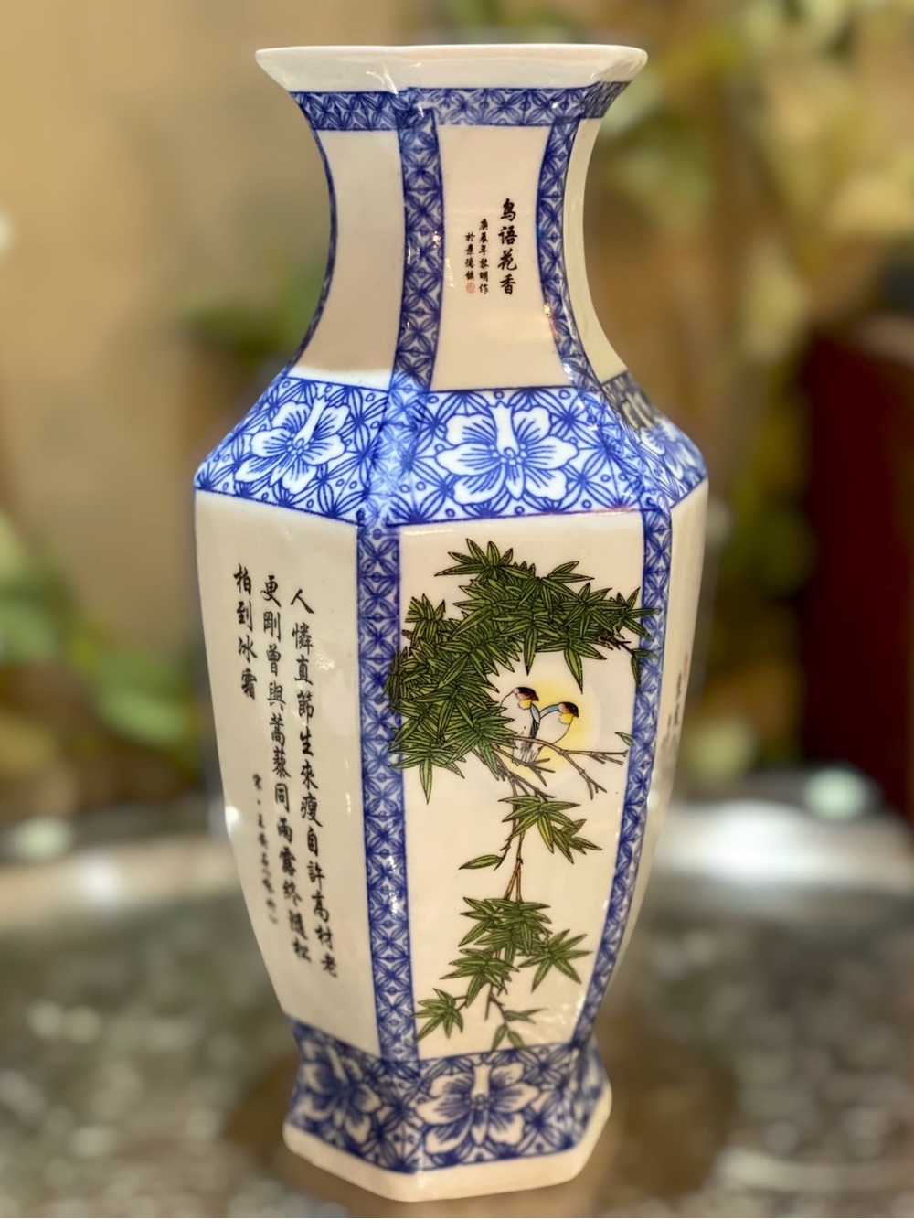 Vintage Chinese Vase Signed Calligraphy Birds Hexagonal Blue White Porcelain - Picture 10 of 10